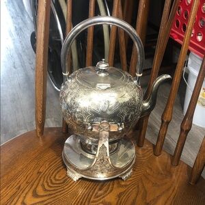 Ornate Silver-Finish Tea Kettle with Stand - Decorative Serving Piece